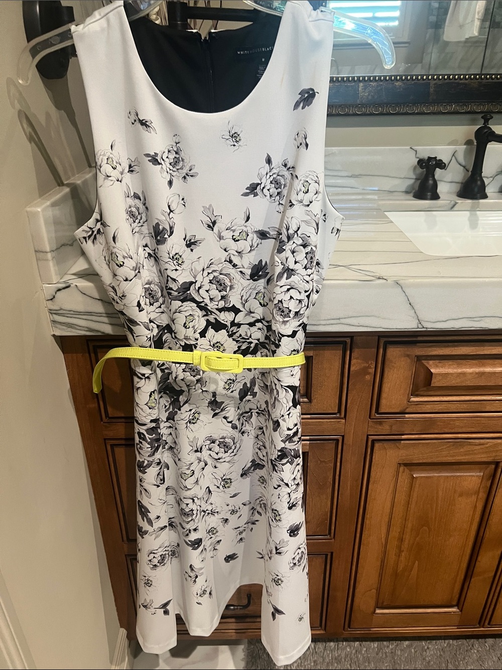 White Floral Sleeveless Dress with Black Print and Yellow Belt